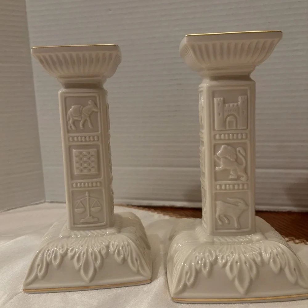 Lenox Twelve Tribes of Israel Candlesticks Ivory Gold Trim Set of 2 USA Made7.5" - Picture 15 of 15